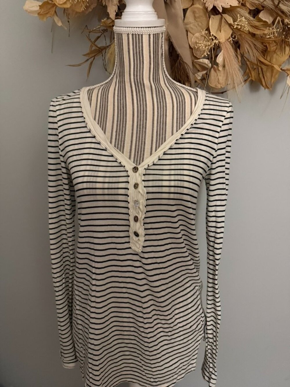Ella Moss Striped Henley Top Small Black Ivory Cotton Modal Long Sleeve